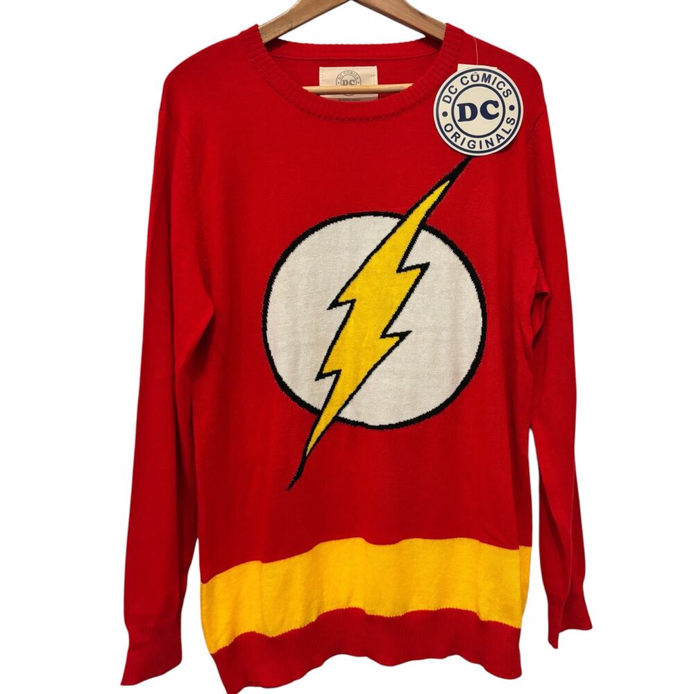 Men’s DC Comics Flash Knit Sweater Size Large Yellow Bolt Logo Graphic Pullover